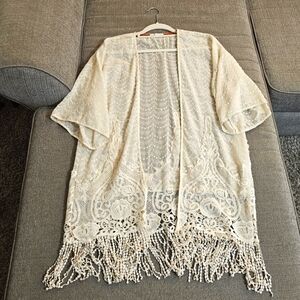 Coco + Jaimeson Cream Sheer Beach Embroidered Fringle Hem Cardigan M/L